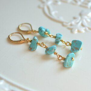 Real Turquoise Dangle Earrings in Gold - Hand Made in Canada